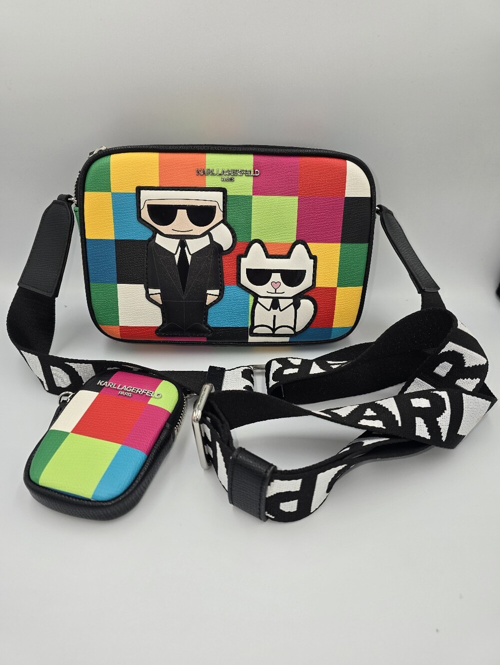 KARL LAGERFELD Colorblock Graphic Crossbody Bag Multicolor Faux Leather W/ pouch
